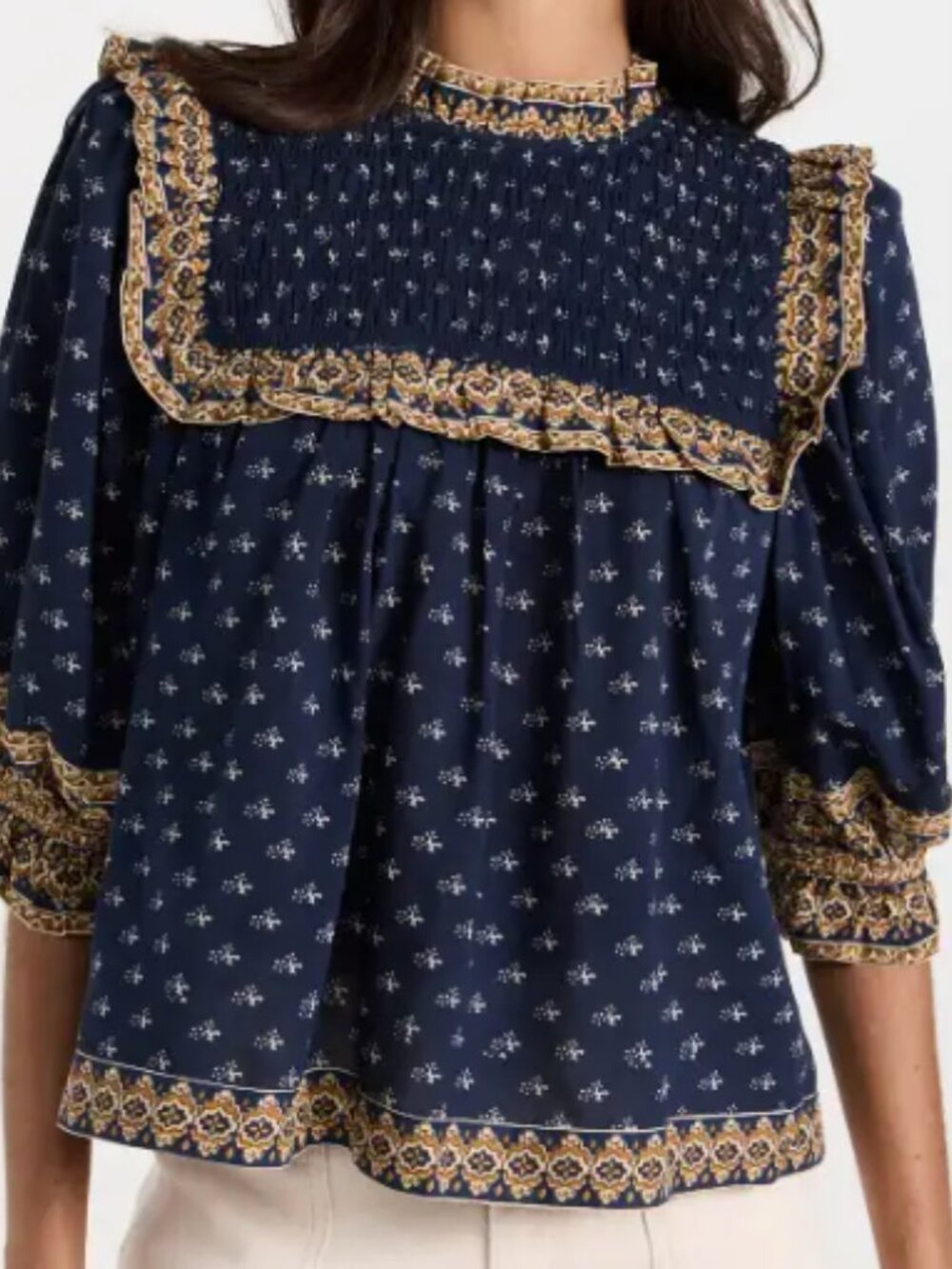 Sea New York Arlita Print Puff Sleeve Top in navy blue sz M - Picture 4 of 8